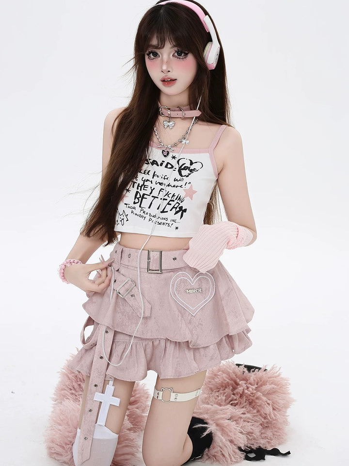 Y2K Belted Ruffle Mini Skirt