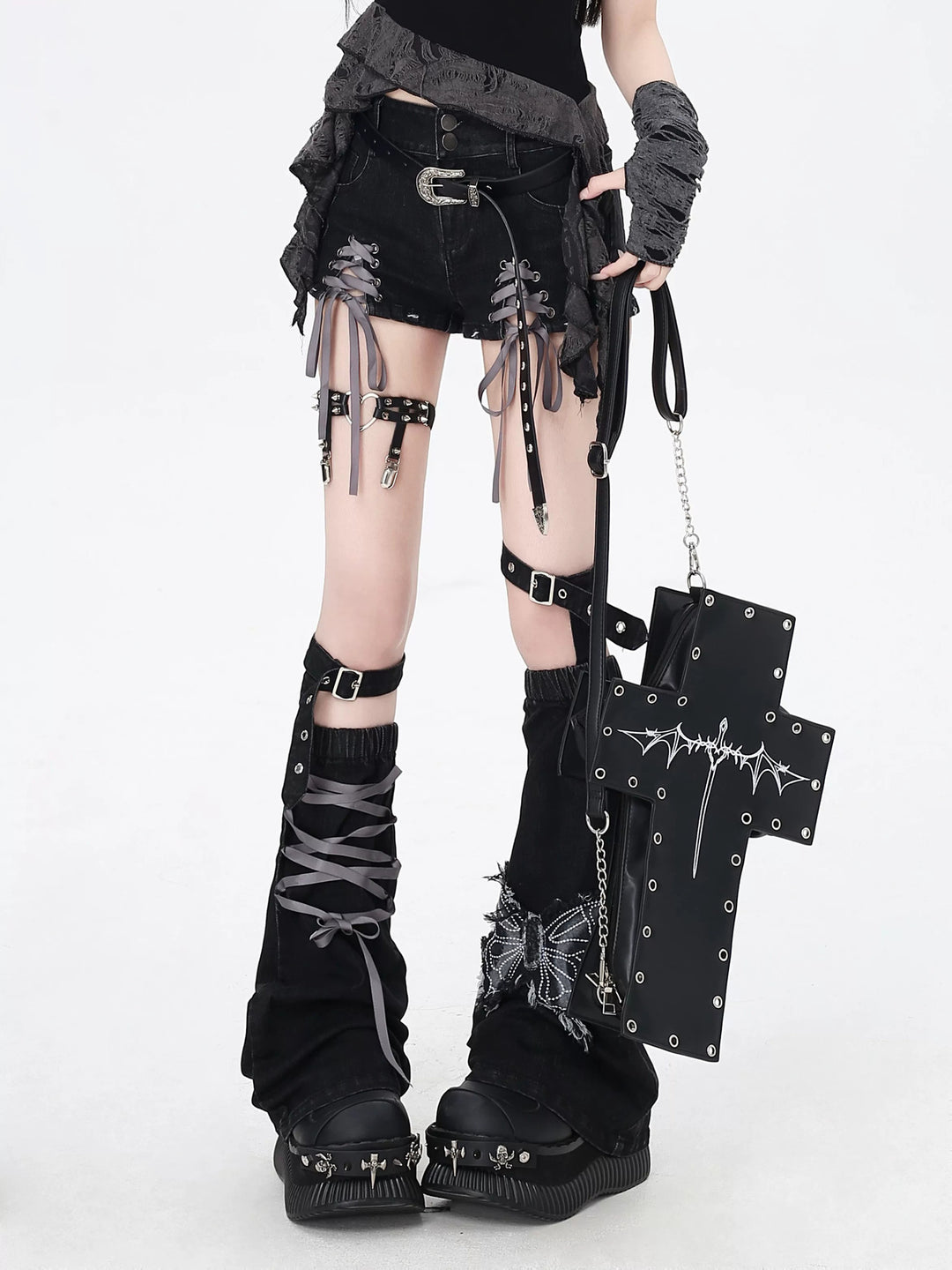 Gothic Lace-Up Denim Micro Shorts