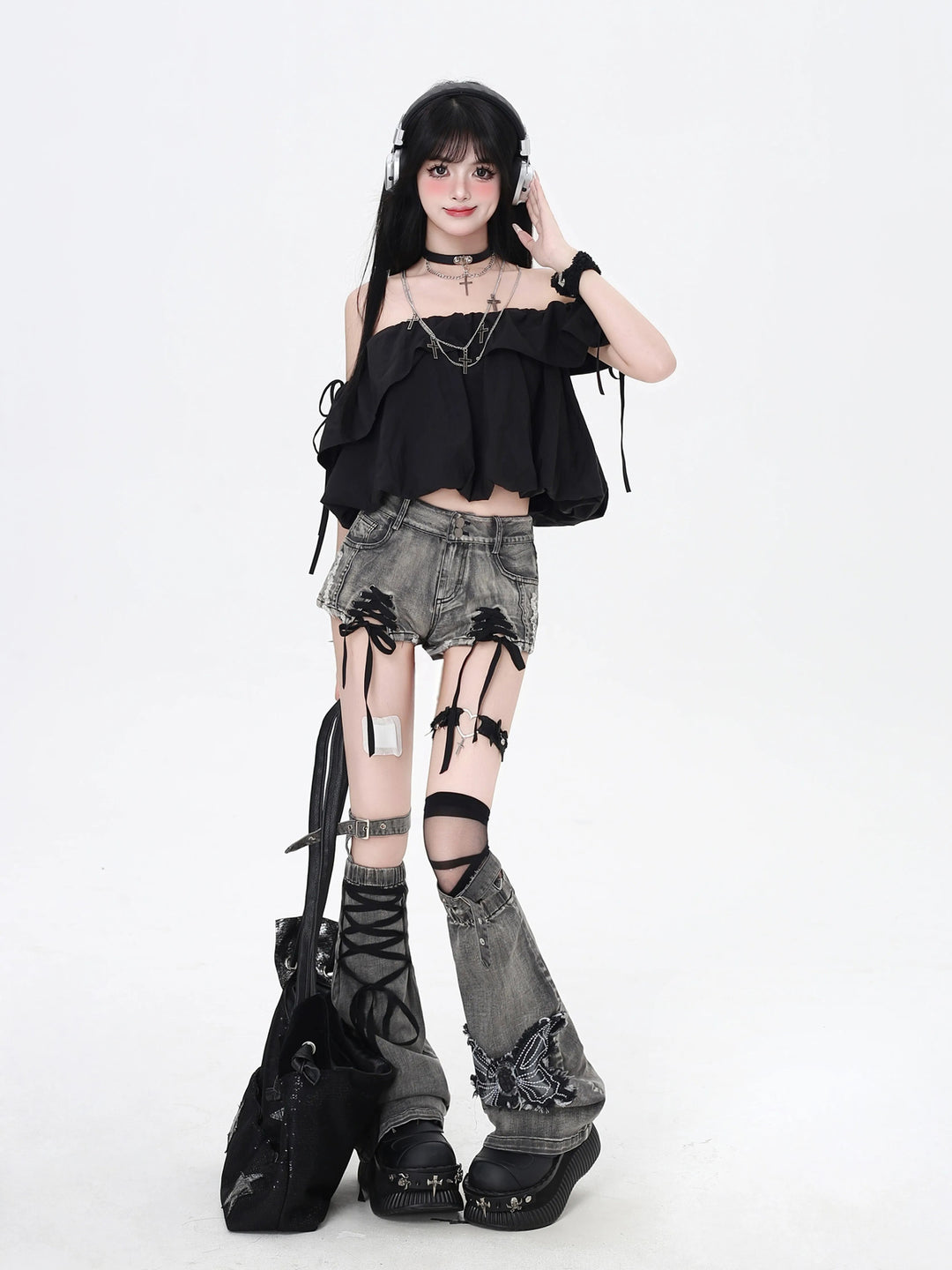 Gothic Lace-Up Denim Micro Shorts