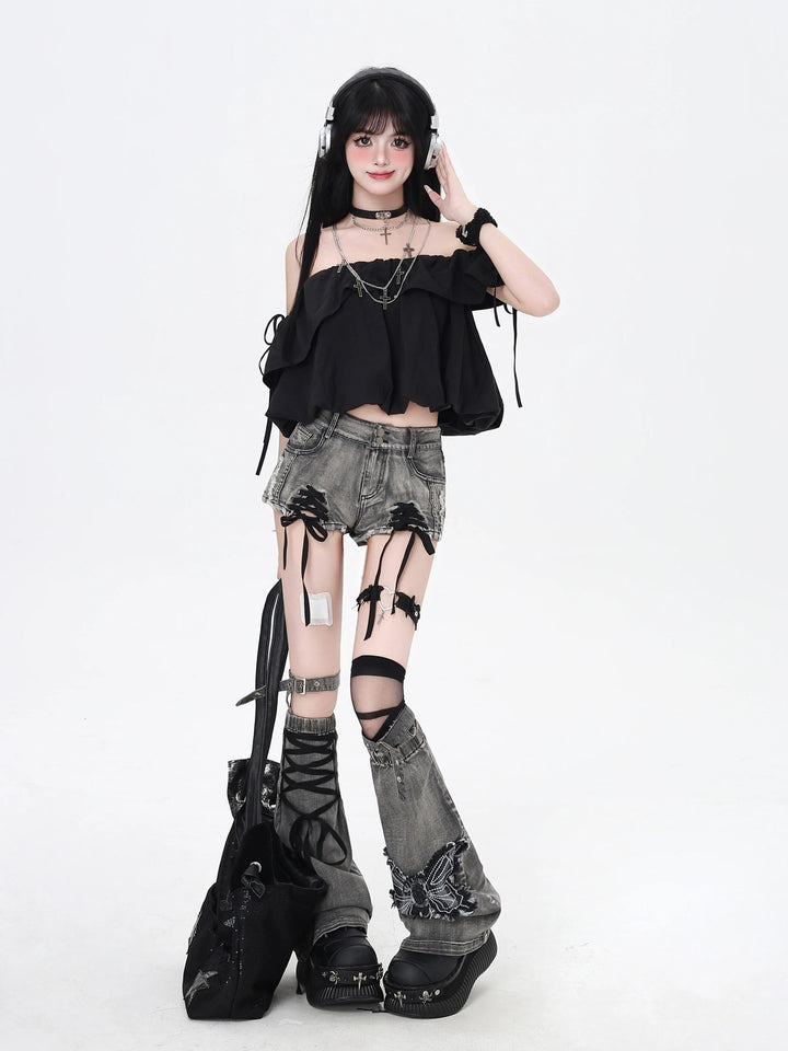 Gothic Lace-Up Denim Micro Shorts