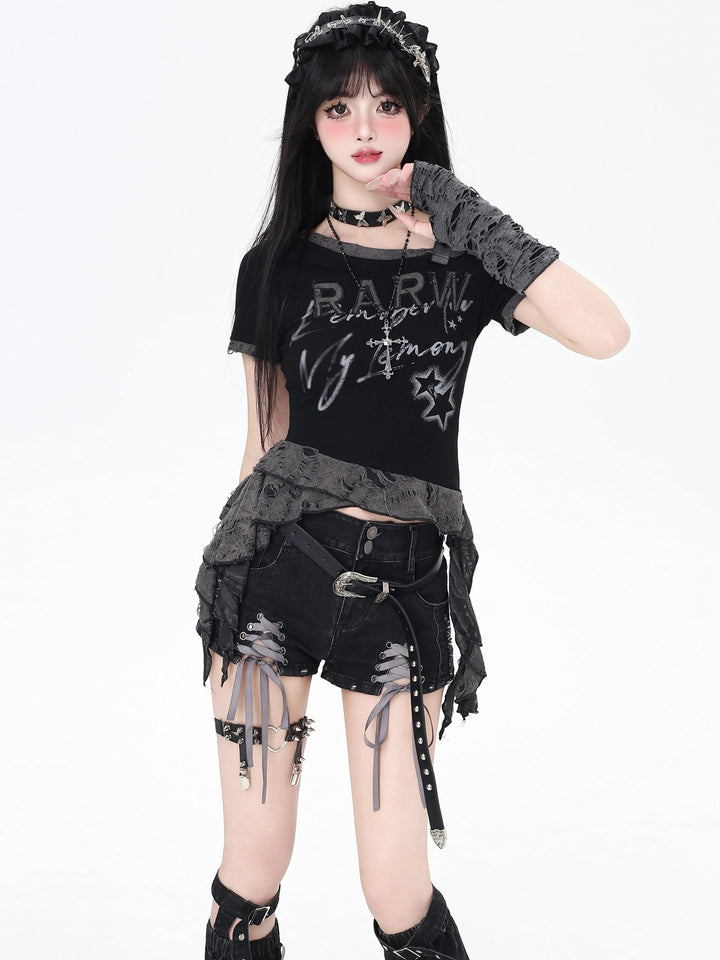 Gothic Lace-Up Denim Micro Shorts