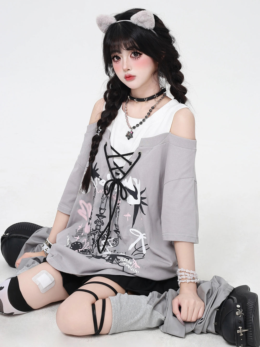 Y2K Lace-Up Faux Two-Piece Graphic Tee