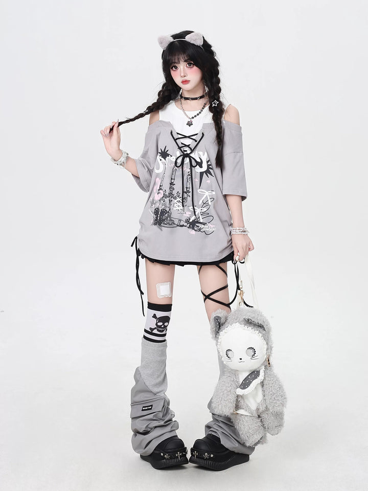 Y2K Lace-Up Faux Two-Piece Graphic Tee