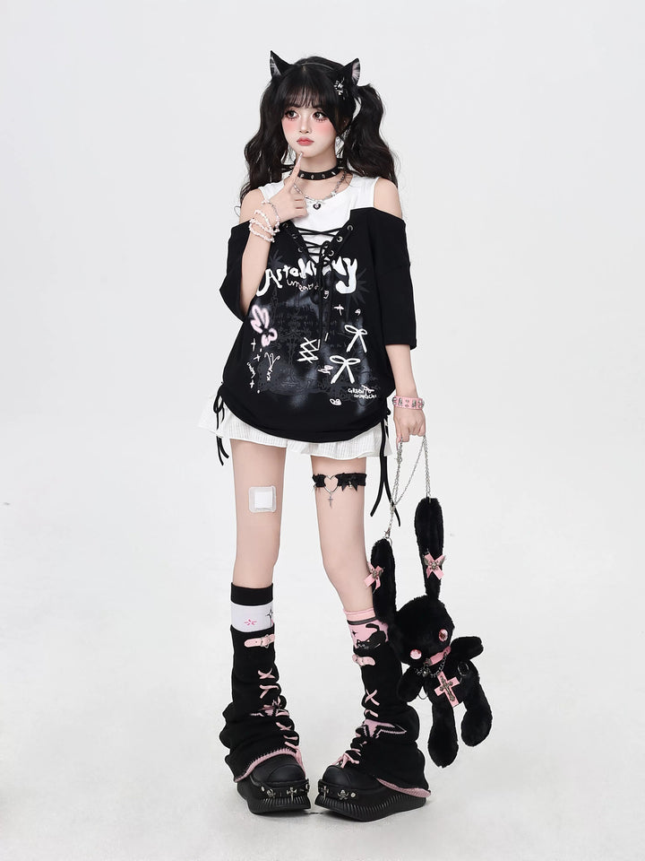 Y2K Lace-Up Faux Two-Piece Graphic Tee