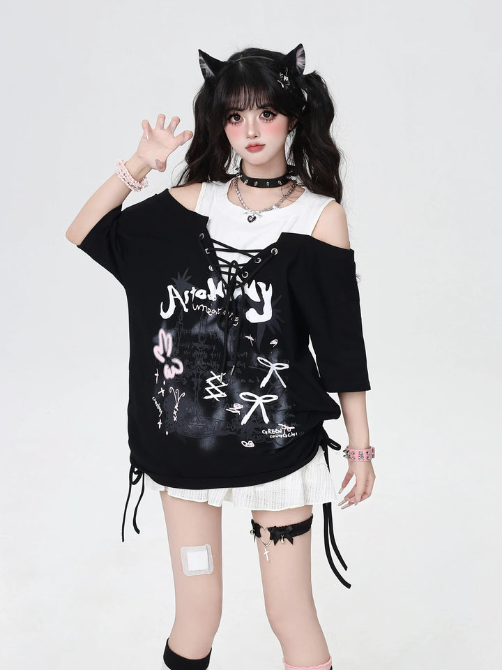 Y2K Lace-Up Faux Two-Piece Graphic Tee
