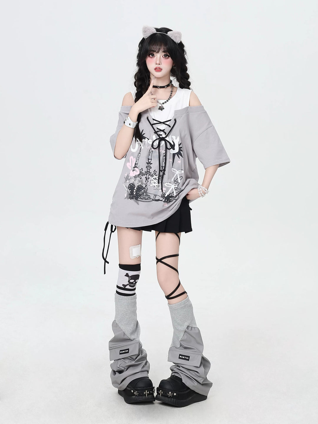 Y2K Lace-Up Faux Two-Piece Graphic Tee