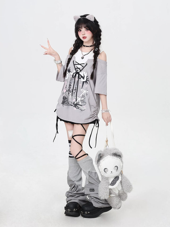 Y2K Lace-Up Faux Two-Piece Graphic Tee