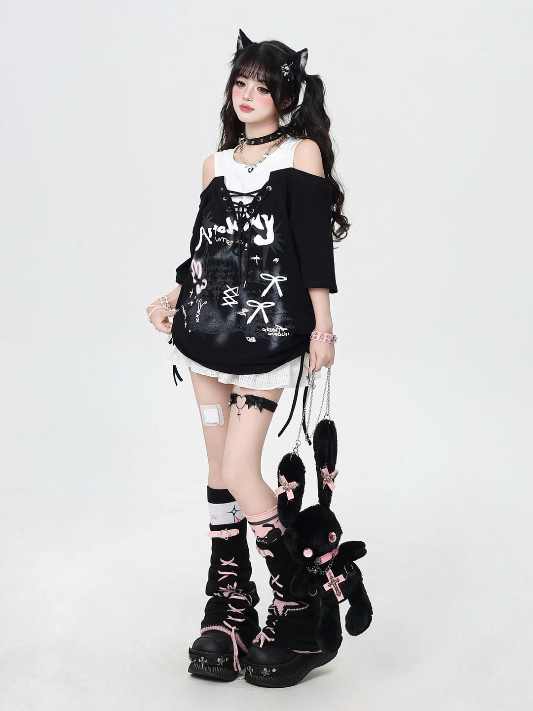 Y2K Lace-Up Faux Two-Piece Graphic Tee