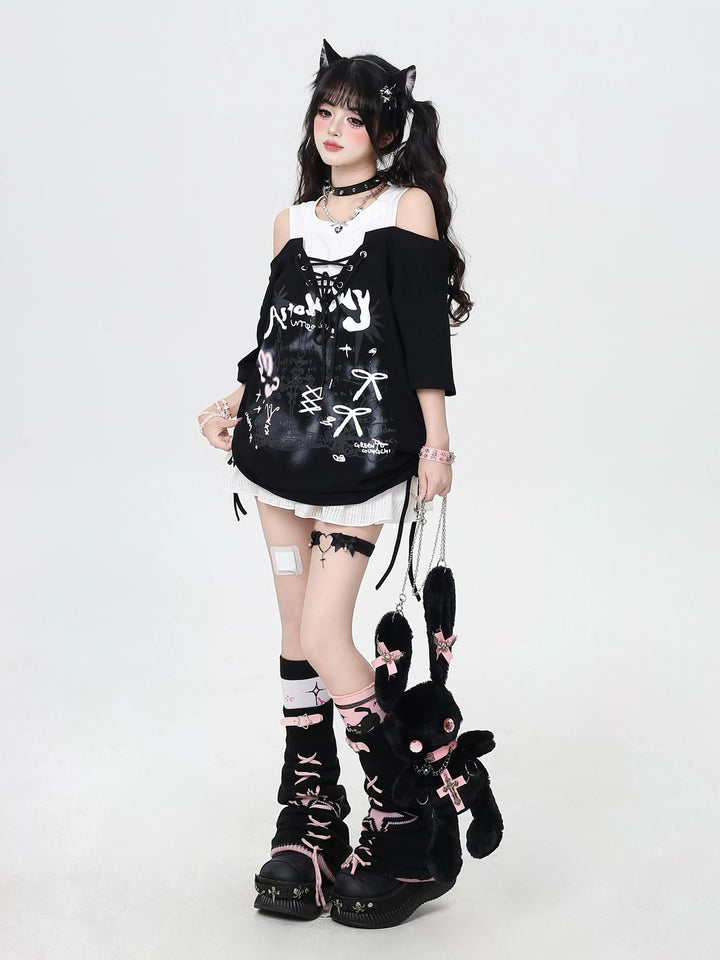 Y2K Lace-Up Faux Two-Piece Graphic Tee