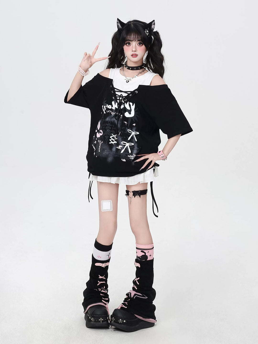 Y2K Lace-Up Faux Two-Piece Graphic Tee