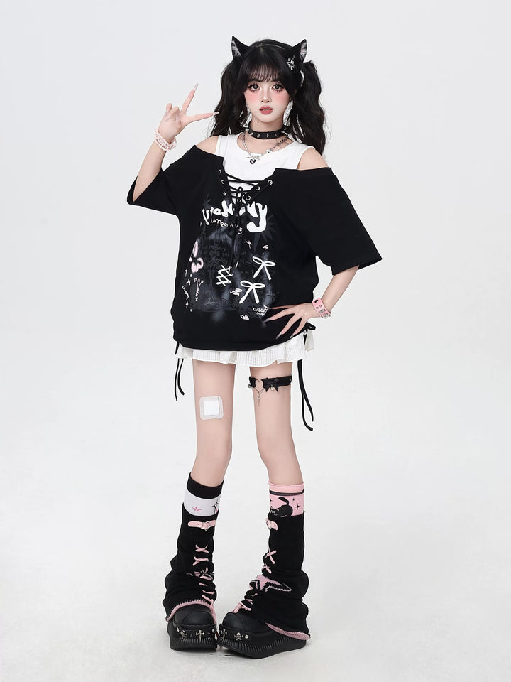 Y2K Lace-Up Faux Two-Piece Graphic Tee