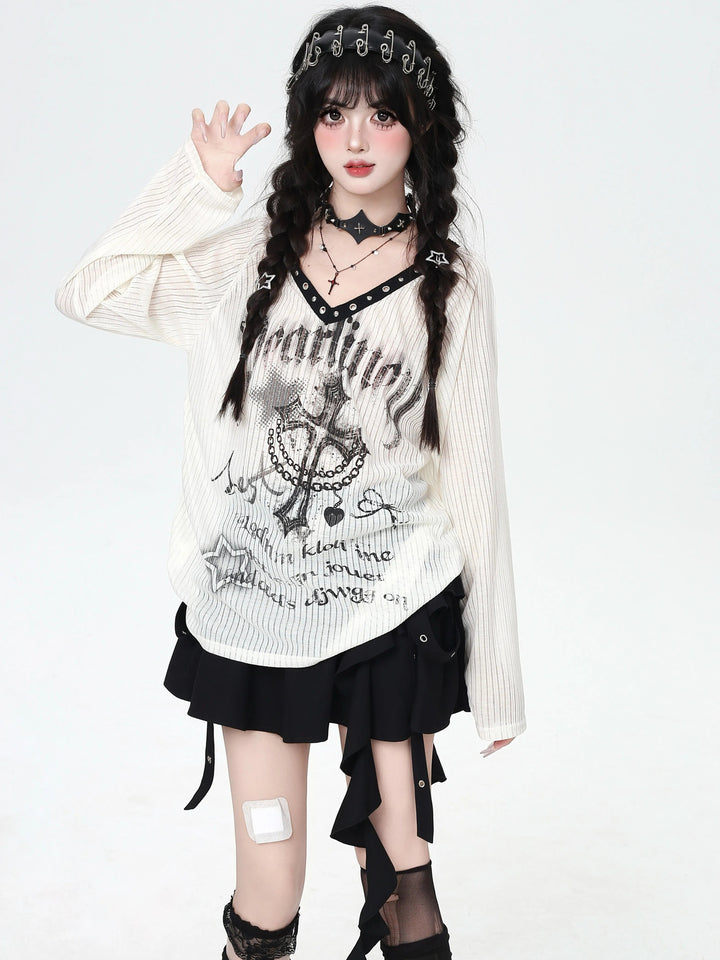 Gothic Cross Graphic V-Neck Top