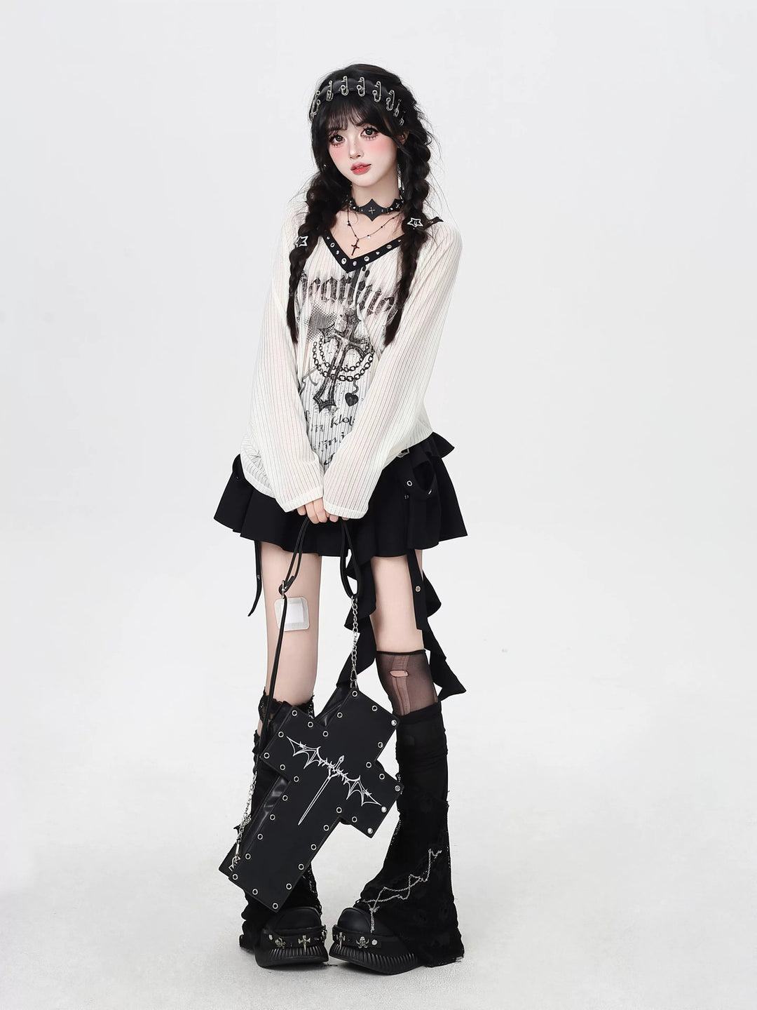 Gothic Cross Graphic V-Neck Top
