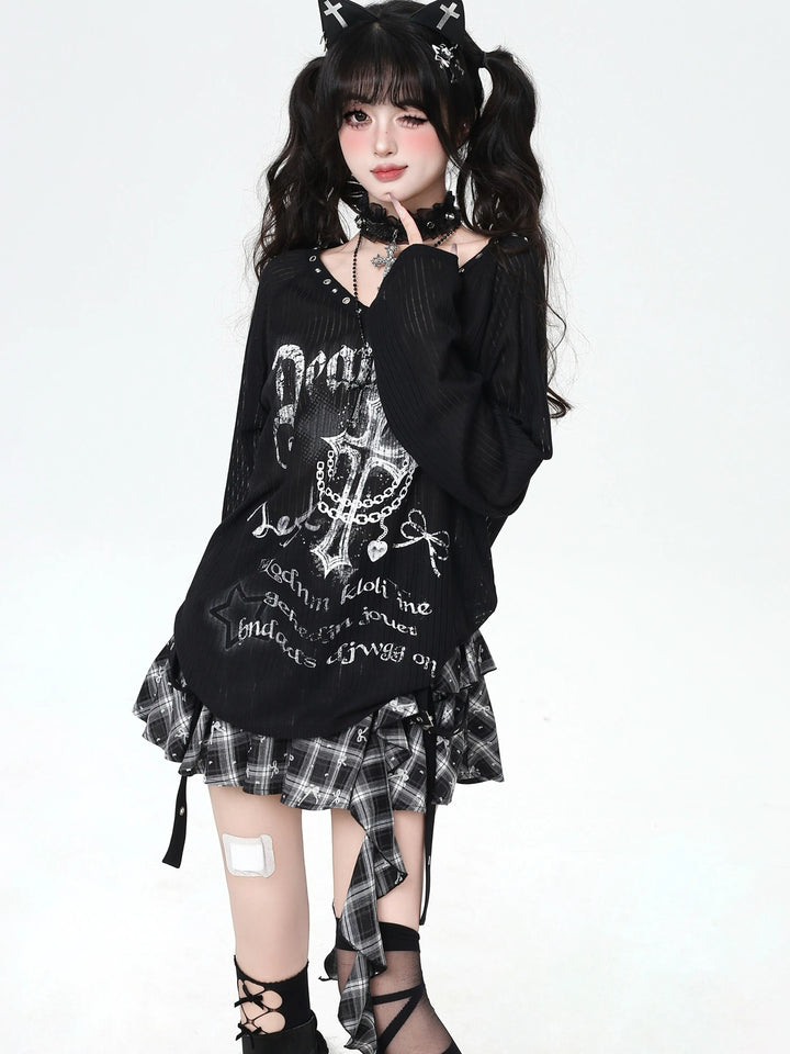 Gothic Cross Graphic V-Neck Top