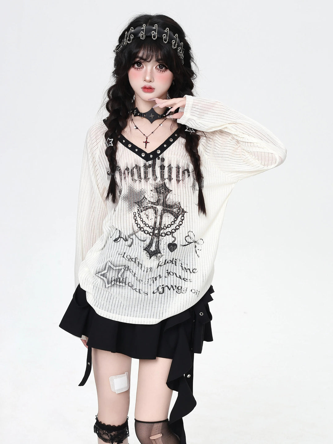 Gothic Cross Graphic V-Neck Top