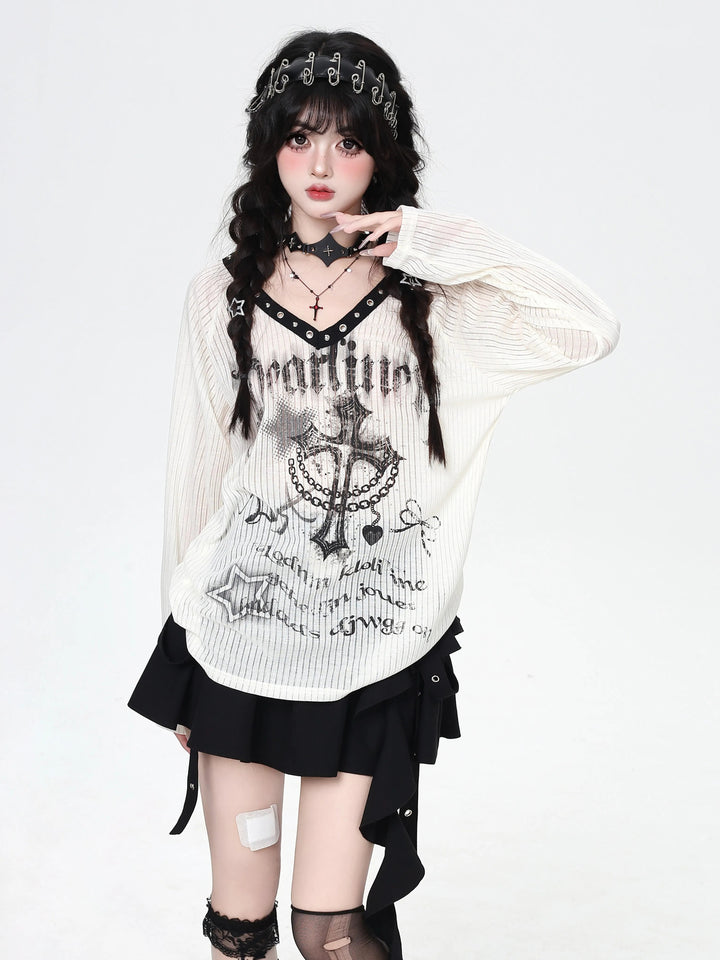 Gothic Cross Graphic V-Neck Top