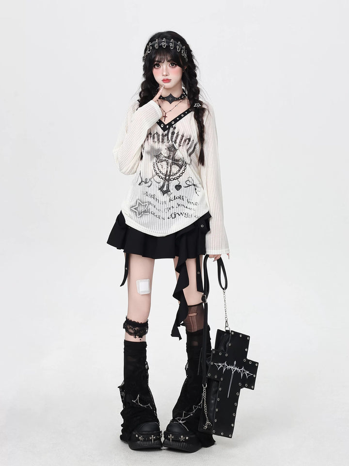 Gothic Cross Graphic V-Neck Top