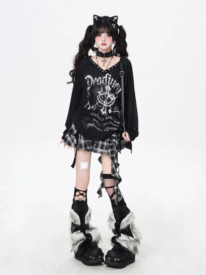 Gothic Cross Graphic V-Neck Top