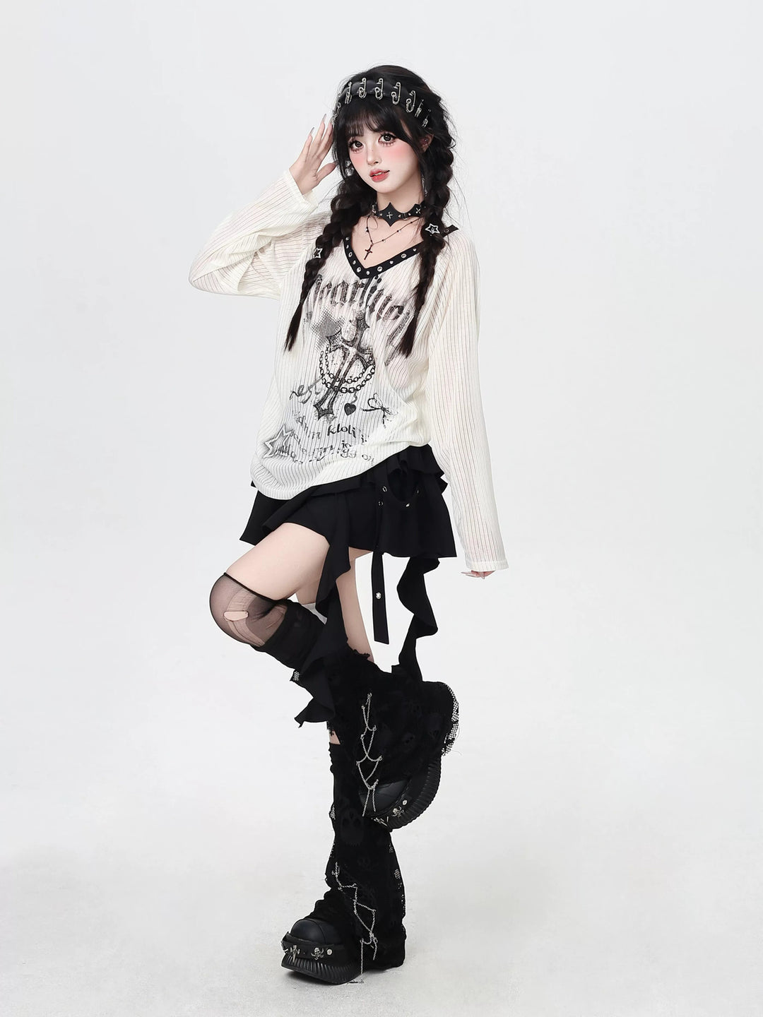 Gothic Cross Graphic V-Neck Top