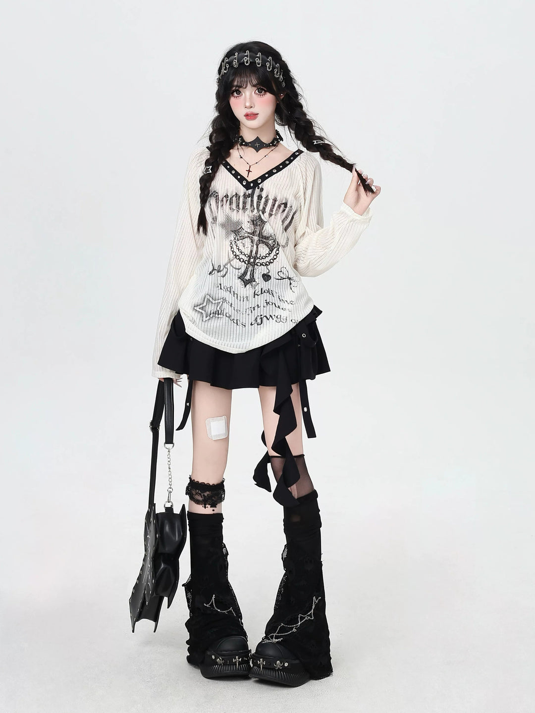 Gothic Cross Graphic V-Neck Top