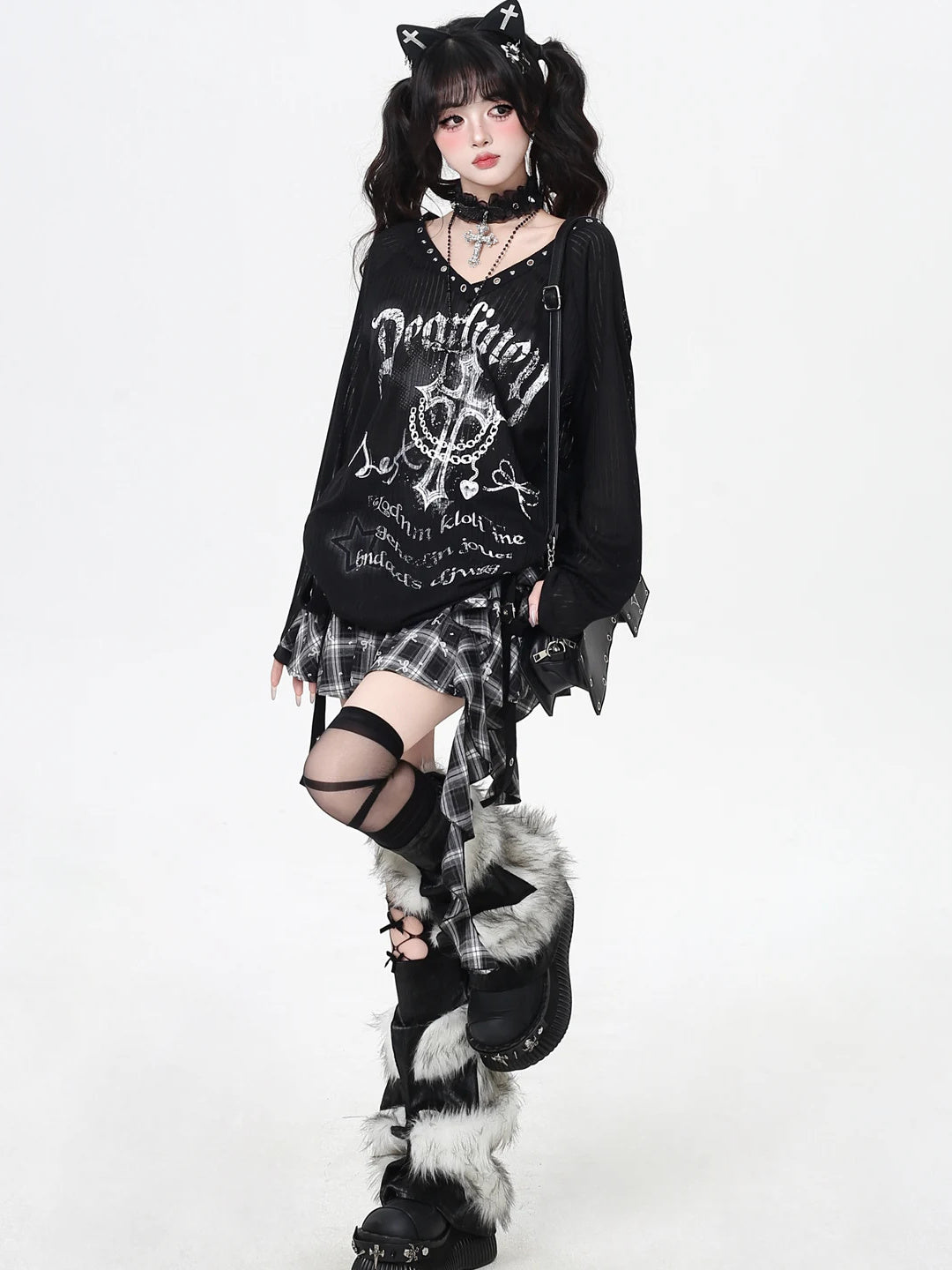 Gothic Cross Graphic V-Neck Top