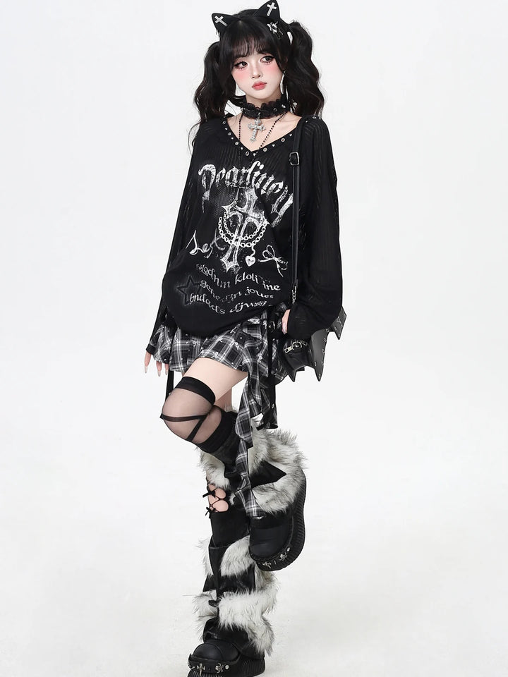 Gothic Cross Graphic V-Neck Top