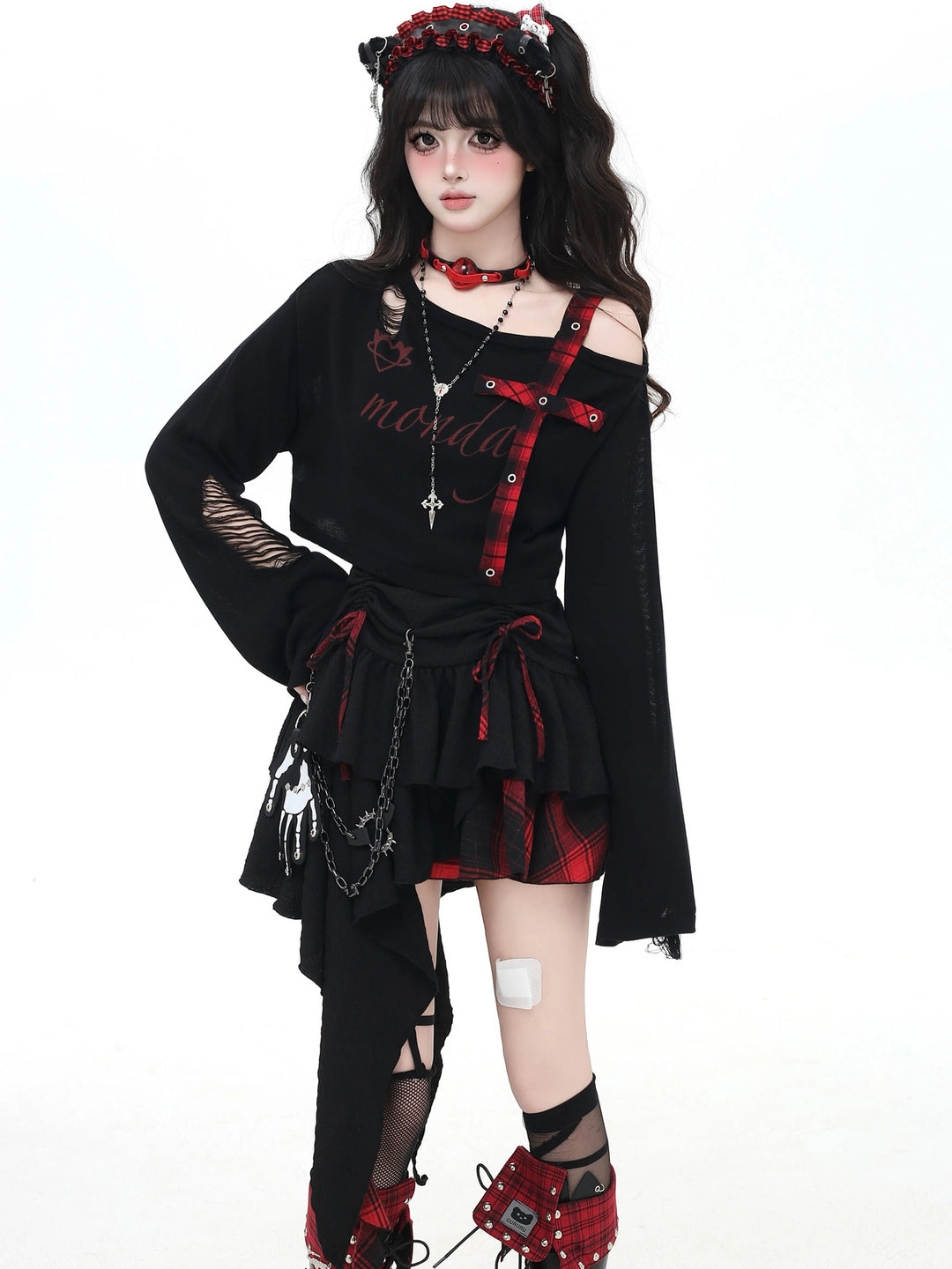 Gothic Plaid Cross Knit Crop Top