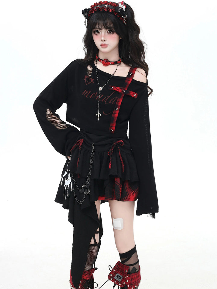 Gothic Plaid Cross Knit Crop Top