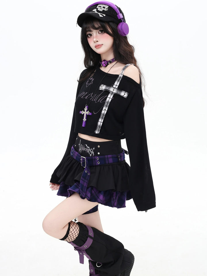 Gothic Plaid Cross Knit Crop Top