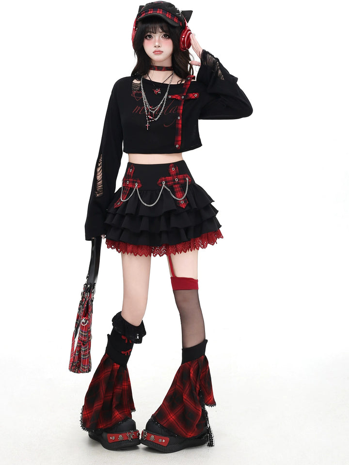 Gothic Plaid Cross Knit Crop Top