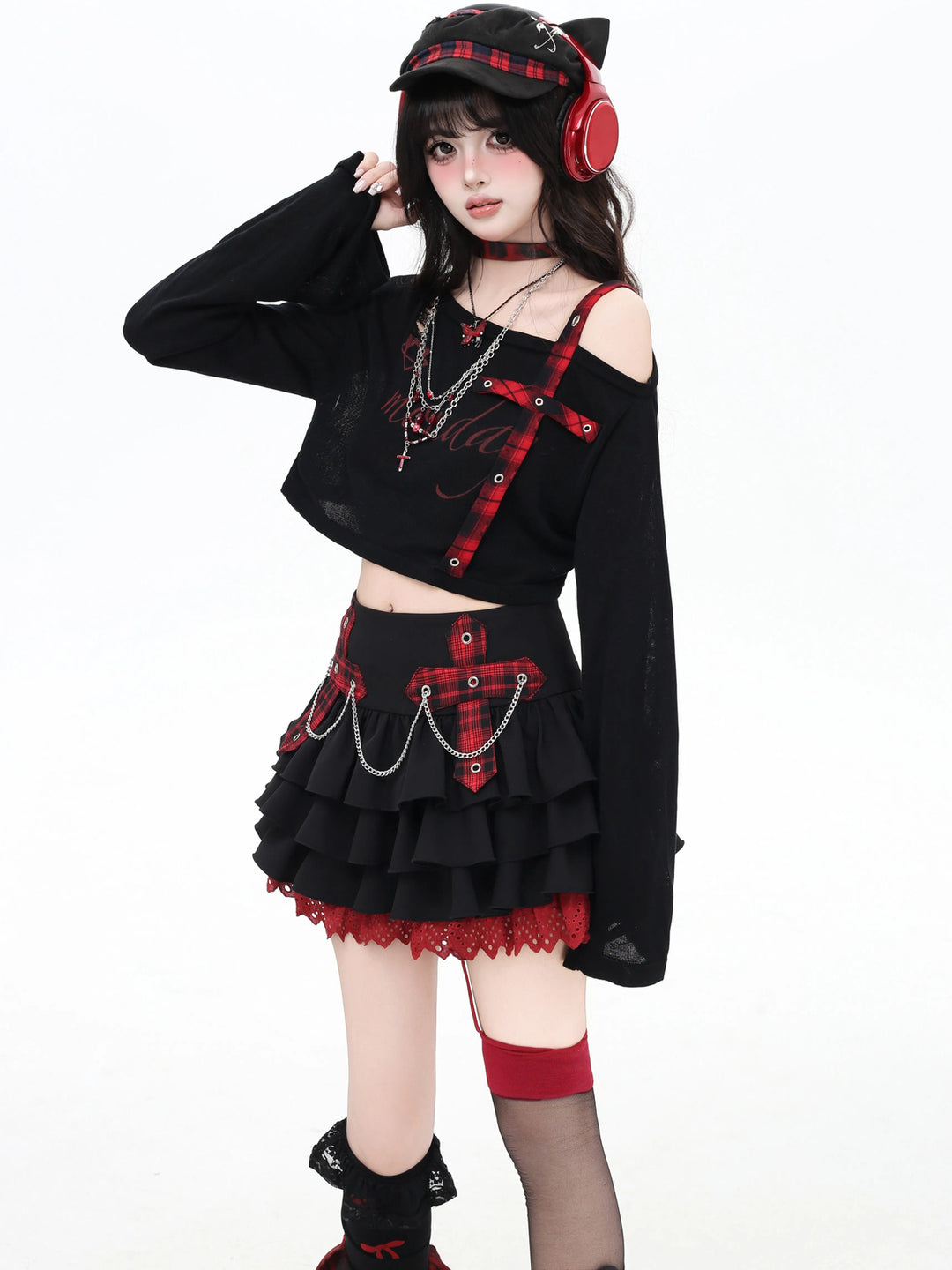 Gothic Plaid Cross Knit Crop Top