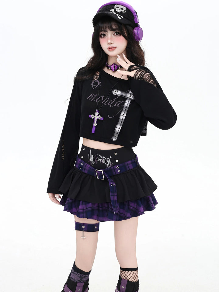 Gothic Plaid Cross Knit Crop Top