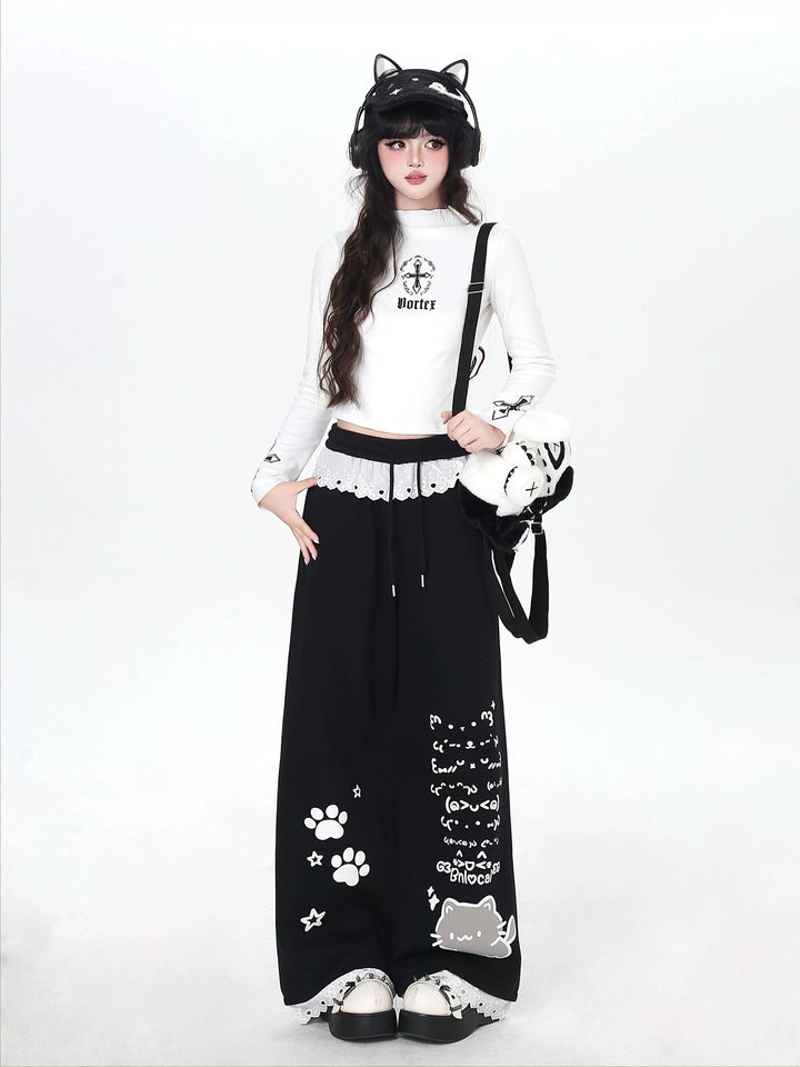 Kawaii Cat Graphic Wide Leg Pants