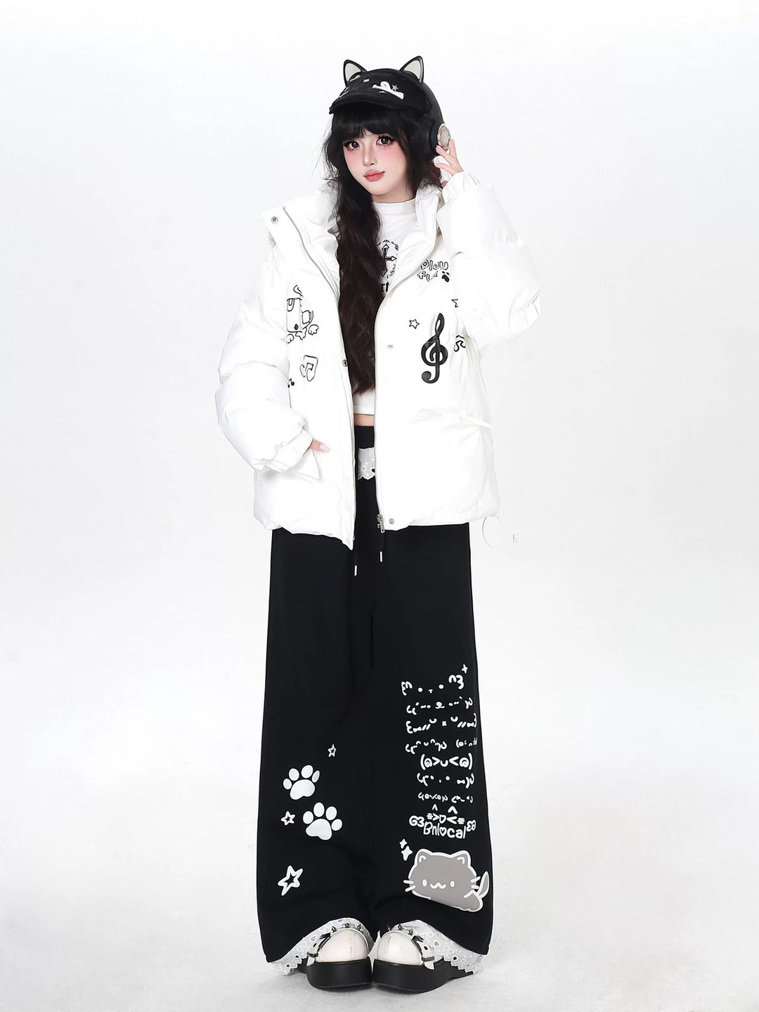 Kawaii Cat Graphic Wide Leg Pants