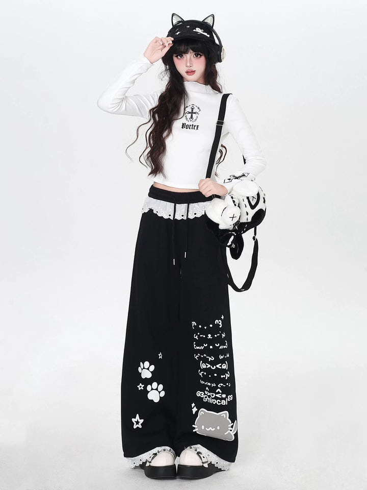 Kawaii Cat Graphic Wide Leg Pants