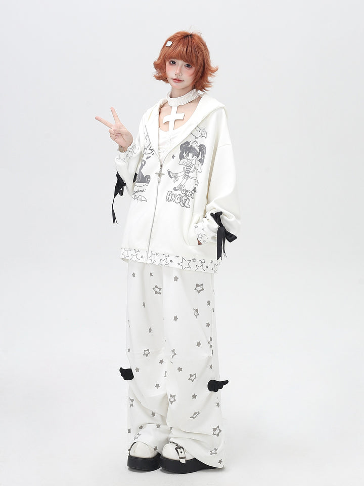 Star Print Ruffle Wide Leg Pants