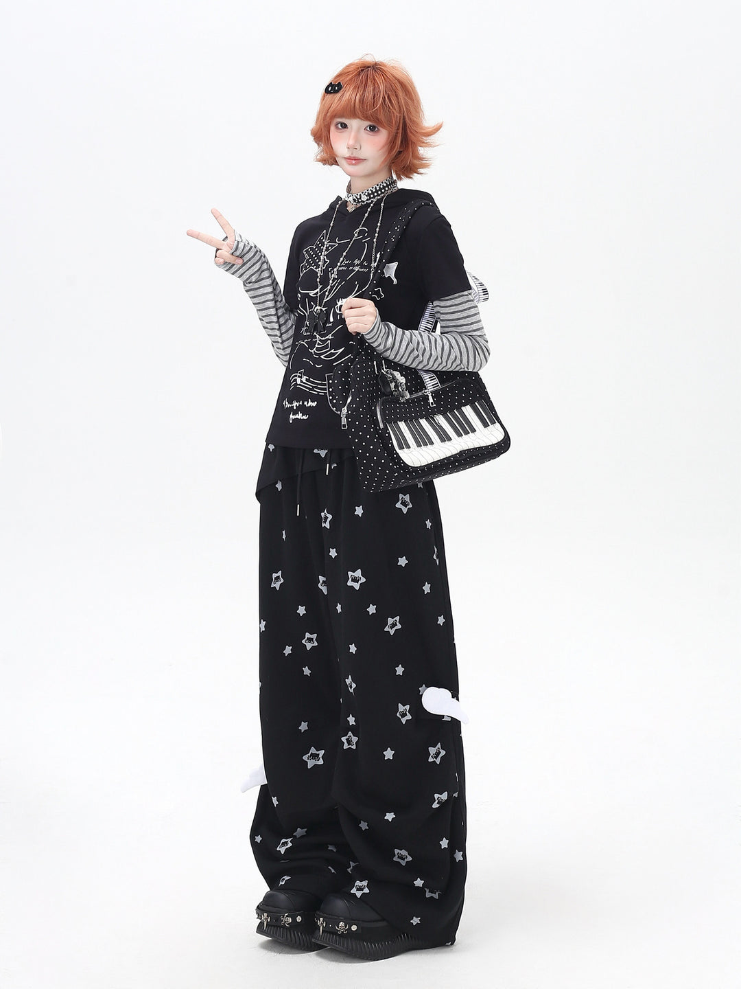 Star Print Ruffle Wide Leg Pants