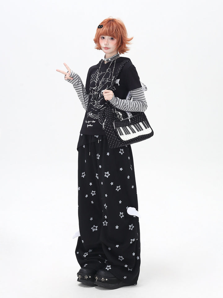 Star Print Ruffle Wide Leg Pants
