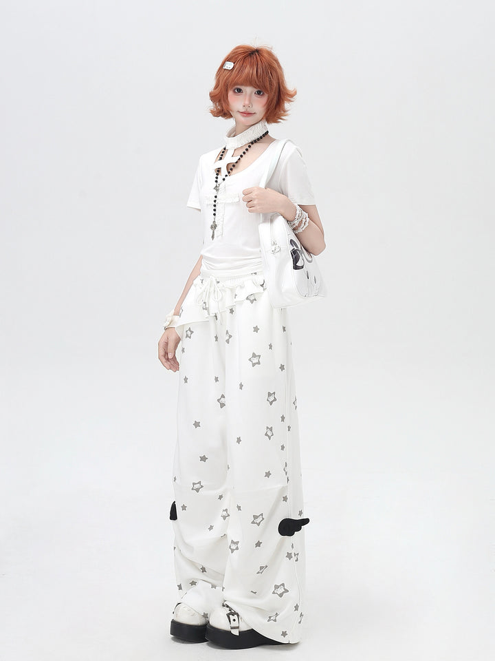 Star Print Ruffle Wide Leg Pants