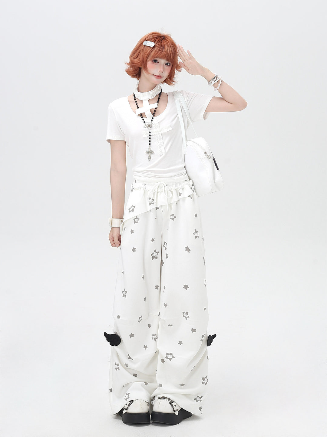 Star Print Ruffle Wide Leg Pants