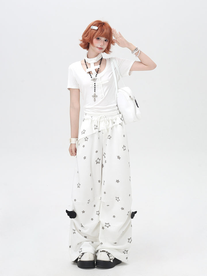 Star Print Ruffle Wide Leg Pants
