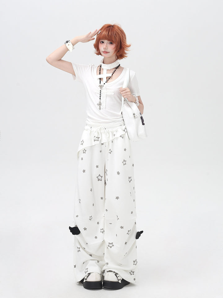 Star Print Ruffle Wide Leg Pants