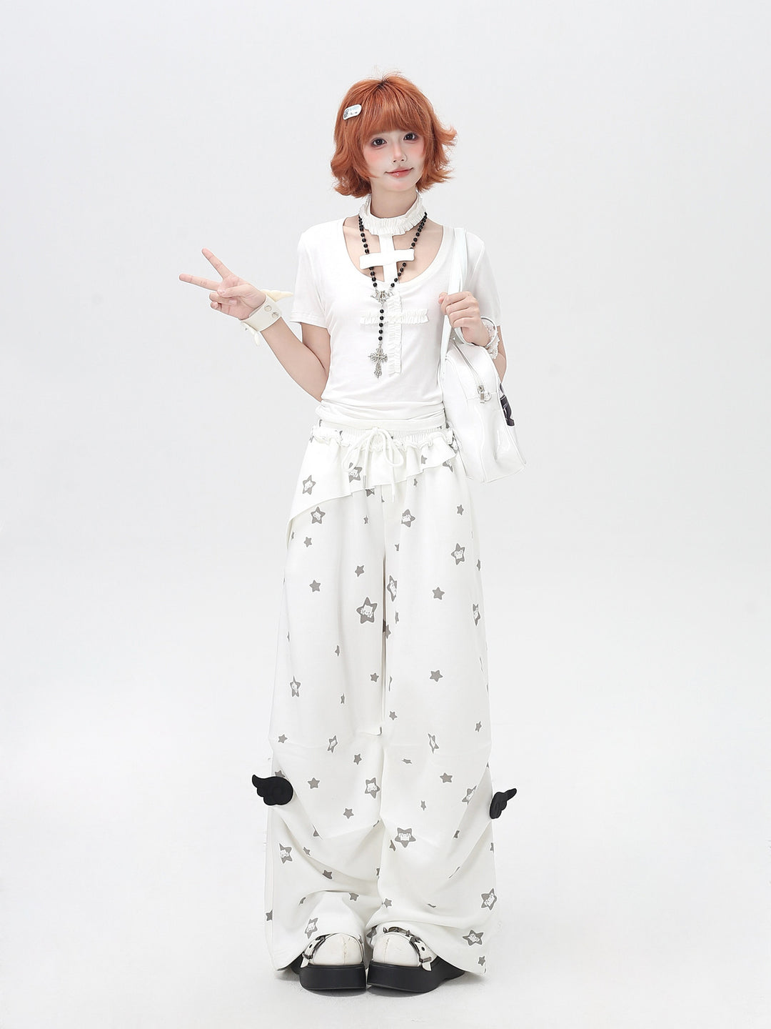 Star Print Ruffle Wide Leg Pants