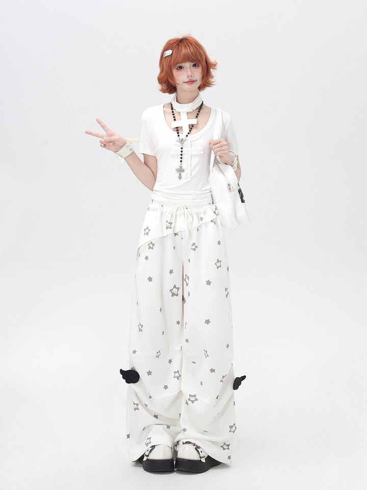 Star Print Ruffle Wide Leg Pants