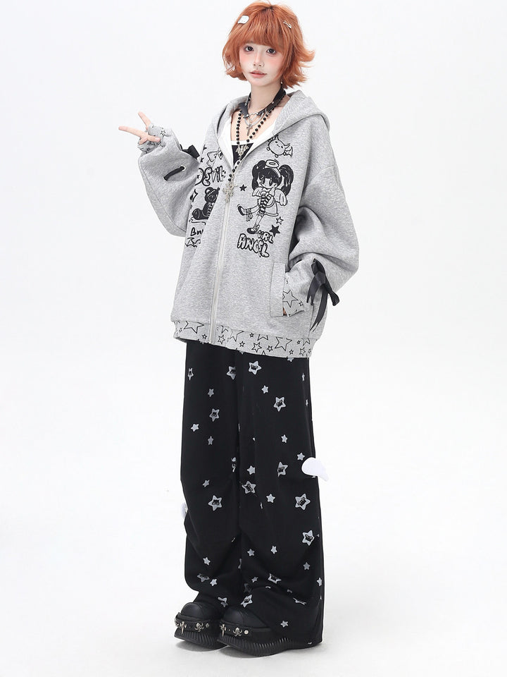 Star Print Ruffle Wide Leg Pants