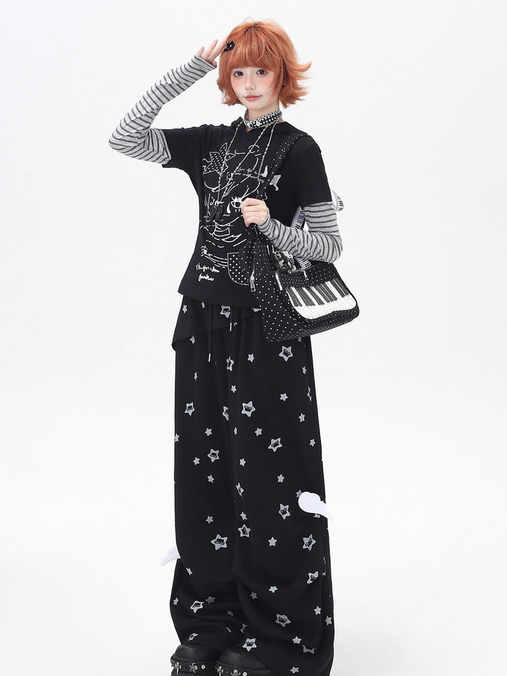 Star Print Ruffle Wide Leg Pants