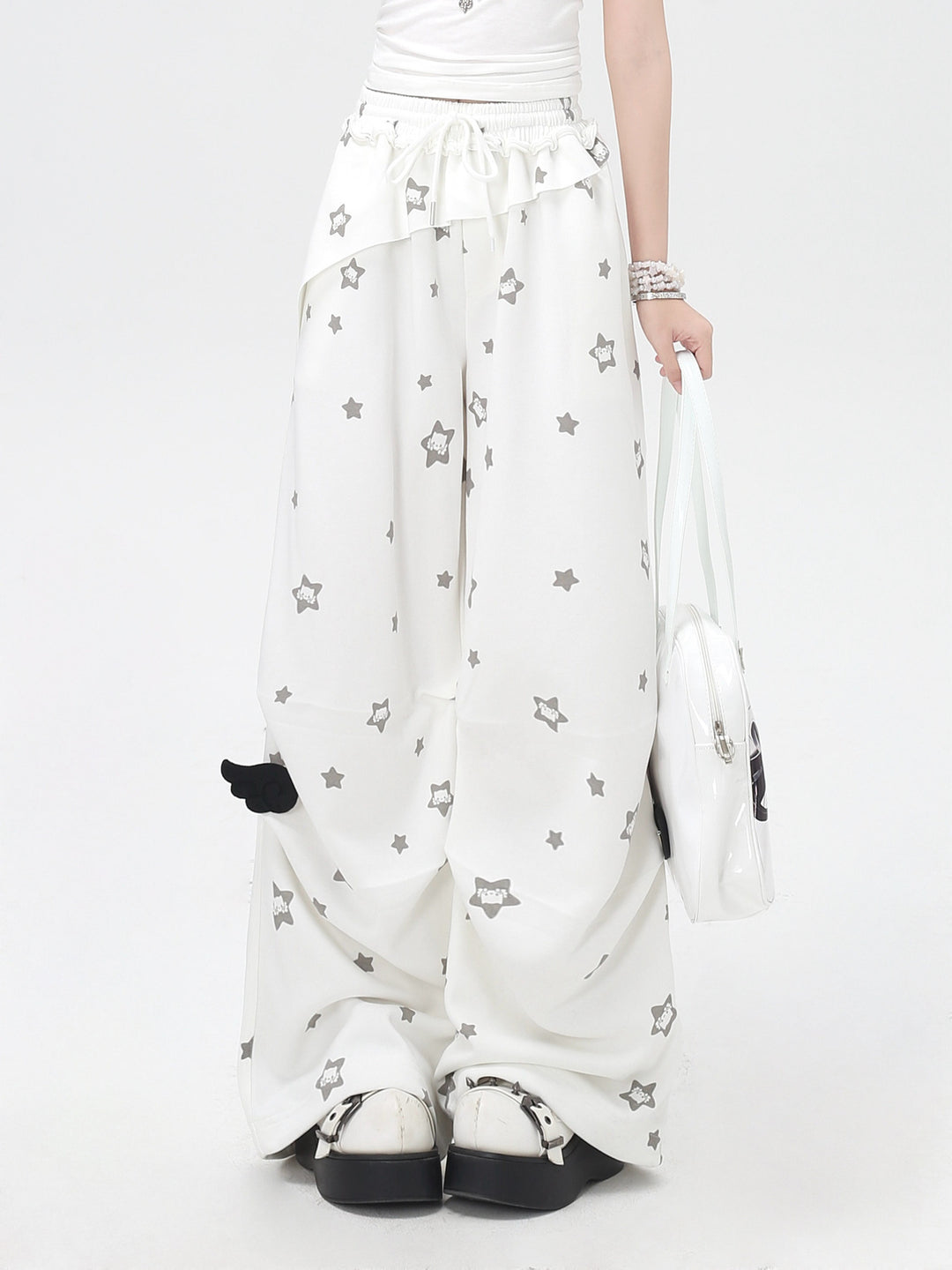 Star Print Ruffle Wide Leg Pants