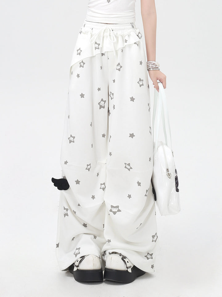 Star Print Ruffle Wide Leg Pants