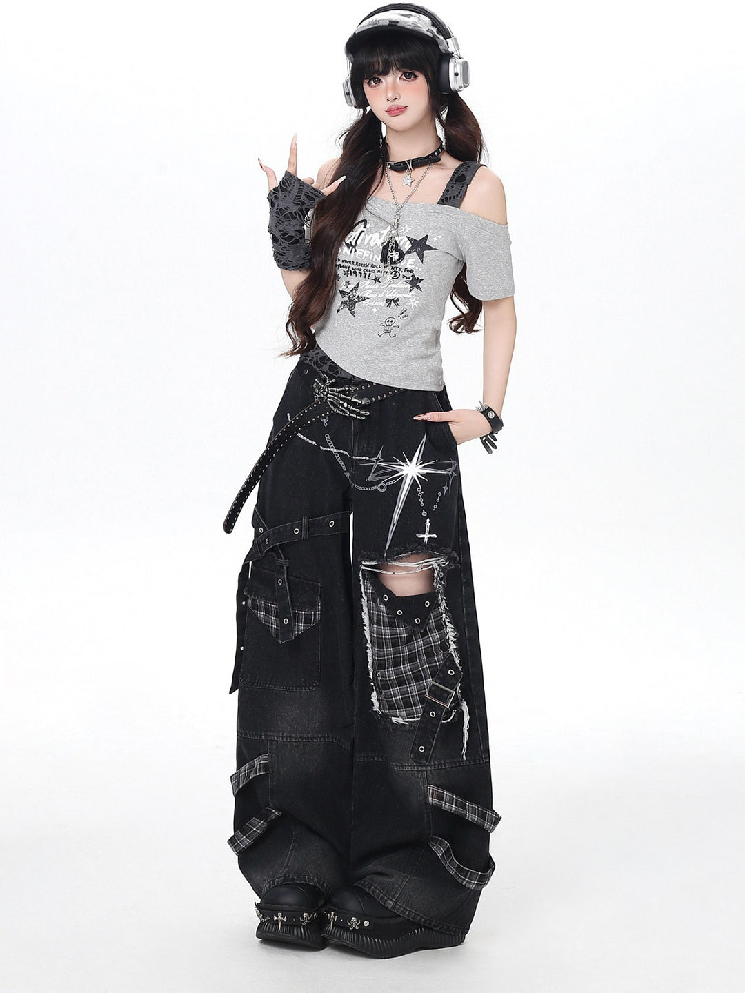Punk Plaid Patchwork Wide Leg Jeans