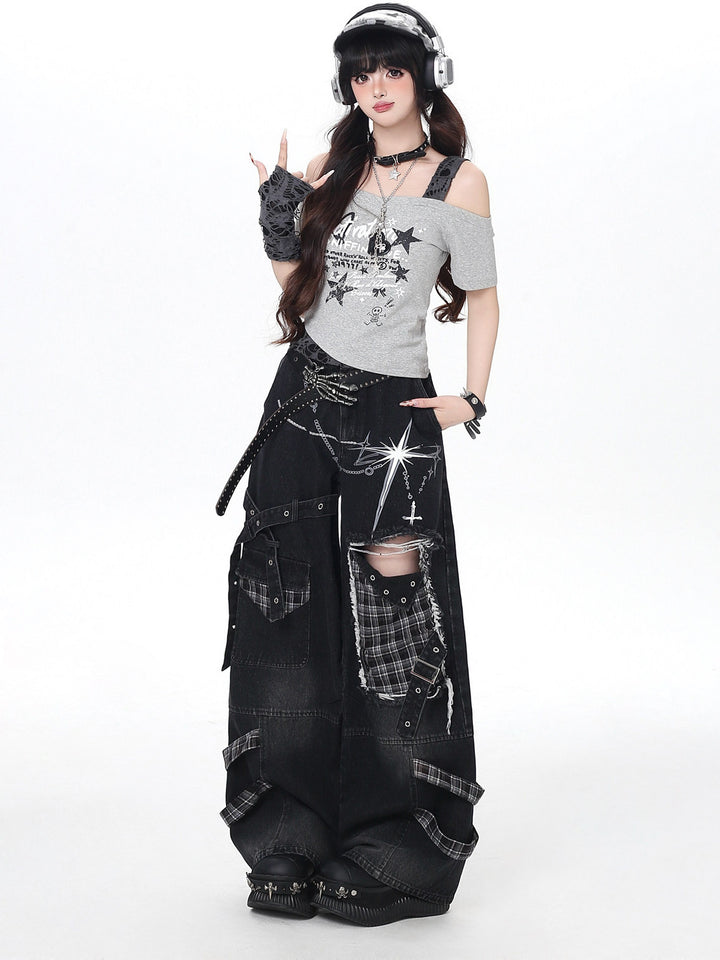 Punk Plaid Patchwork Wide Leg Jeans